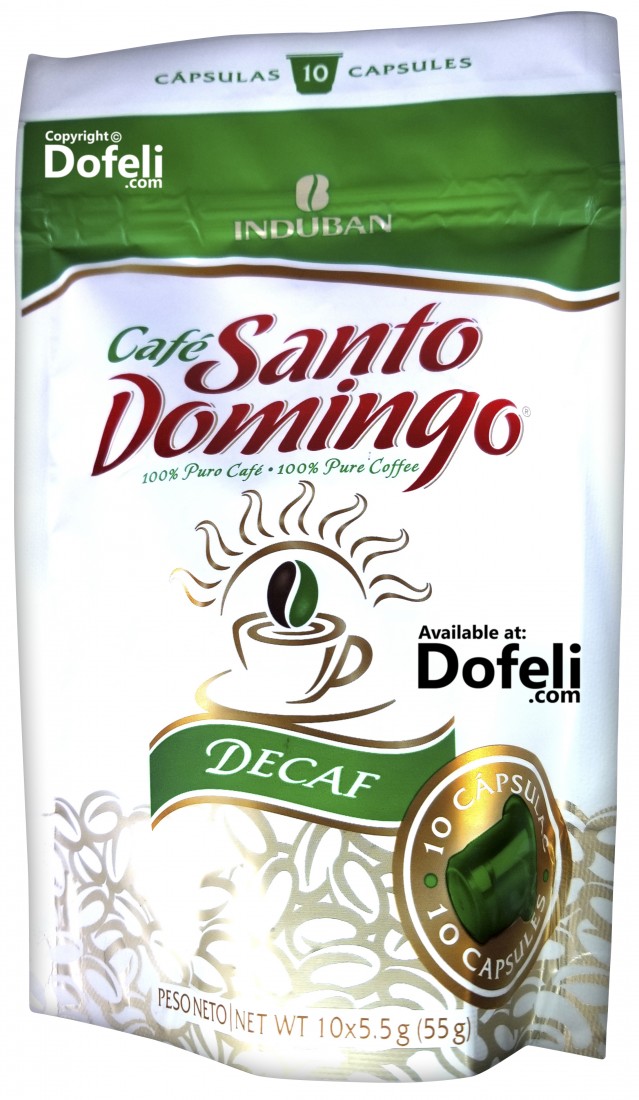Santo Domingo Dominican decaf ground coffee capsules, rich flavor and smooth aroma, perfect for espresso preparation.